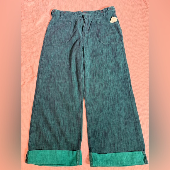 Free People We The Free Palmer Yarn Dyed Cuff Jeans Lagoon Blue Wide Leg Boho - Picture 2 of 7
